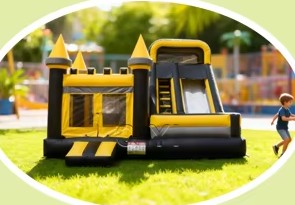 Hüpfburg Schloss-Kombi XXL aufgebaut auf einer Wiese mit spielendem Kind
